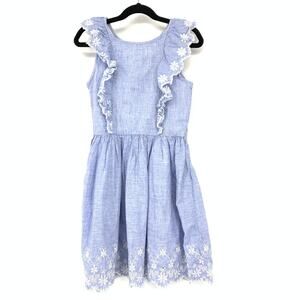 C&A Sleeveless Dress Girls Size M Blue Ruffle Details Embroidered Floral Motif
